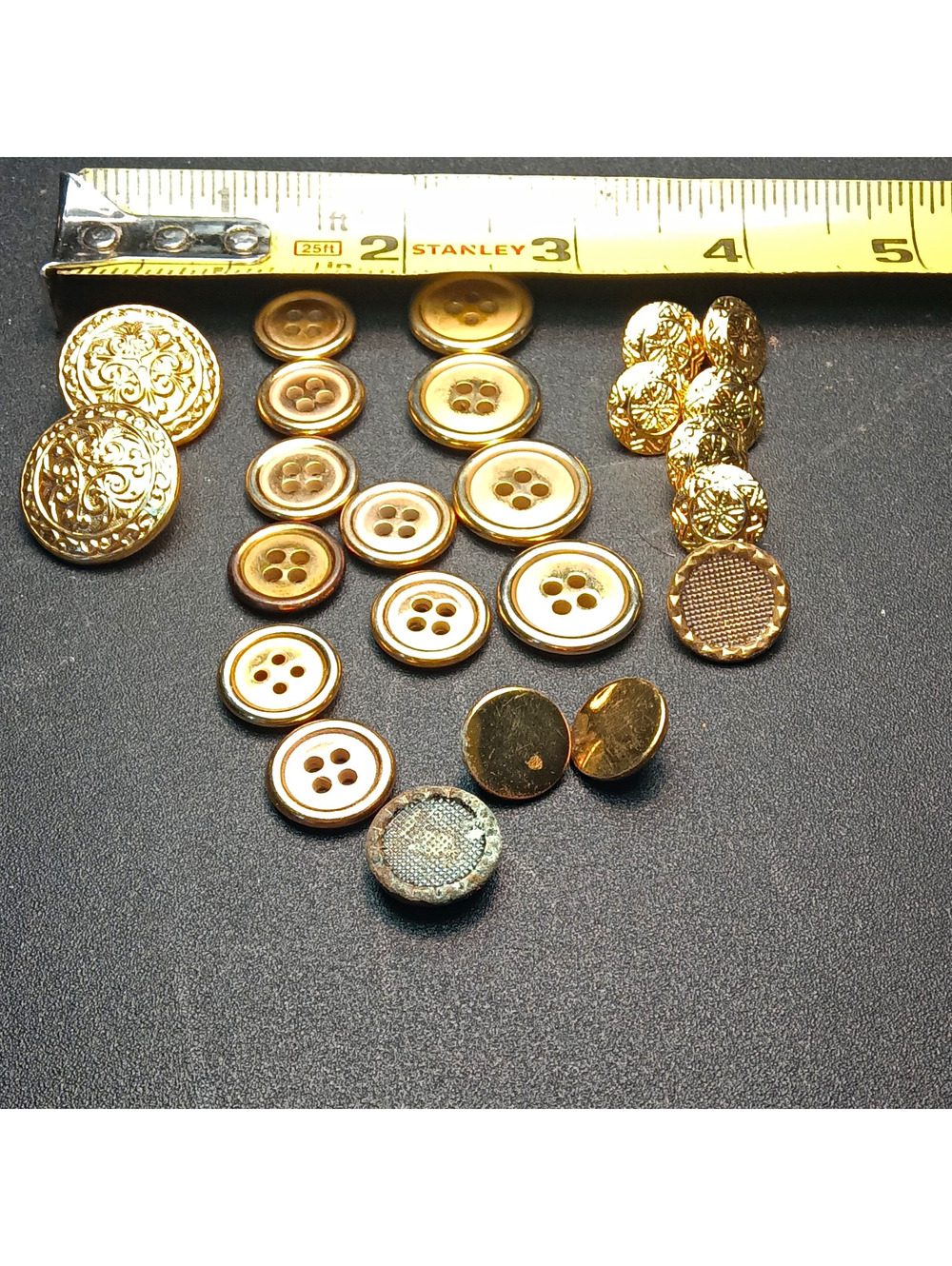 VTG Mixed Lot Metal Sewing Buttons 24 pc Round Etched Gold/Brass Tone Craft